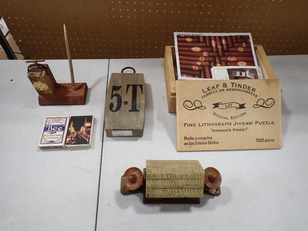 Misc Lot incl Leaf & Tinder Puzzle, Clock Pen Holder, Pulley Wall Decor, Sombrero Figures Trinket Bo: Misc Lot incl Leaf & Tinder Puzzle, Clock Pen Holder, Pulley Wall Decor, Sombrero Figures Trinket Box, etc Condition: puzzle is unchecked for completeness, clock is untested All pictu