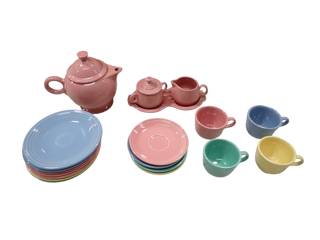 Lot of Fiestaware Dishes incl Cups, Saucers, Teapot, Cream and Sugar Set, Small Plates in Asst Color (1 of 12)