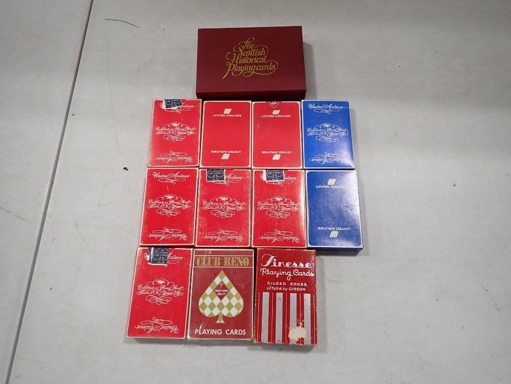 Vintage Playing Cards including United Airlines, Scottish Historical Playing Cards, Club Reno, Fines: Vintage Playing Cards including United Airlines, Scottish Historical Playing Cards, Club Reno, Finesse All pictures are considered part of the description and should be examined carefully by bidders. 