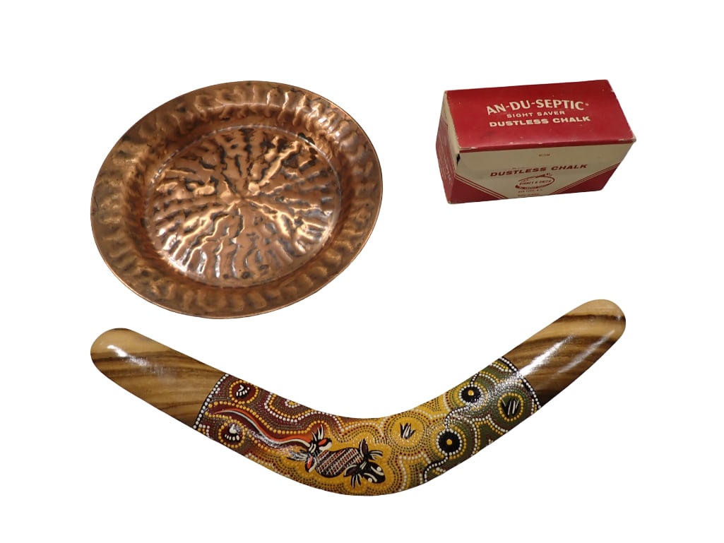 Boomerang, a Copper Plate, and Vintage Box of An-Du-Septic Chalk: Boomerang, a Copper Plate, and Vintage Box of An-Du-Septic Chalk All pictures are considered part of the description and should be examined carefully by bidders. Live Auctioneers is now offering Liv