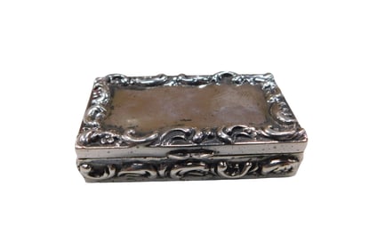 Mauser Sterling Silver Stamp Box. Scroll decorated box with two stamp slots within the goldwashed in