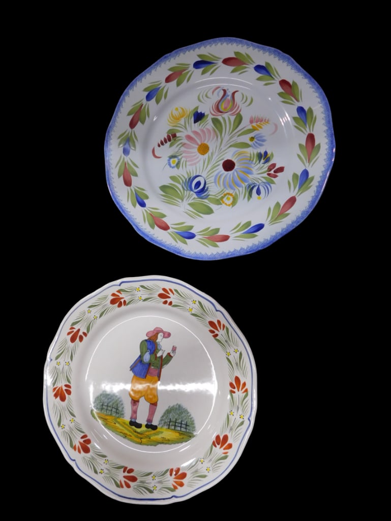 Two French HB Henriot Quimper Plates. One painted faience plate with floral decoration and blue rim; (1 of 6)