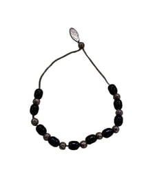 Greek Black Glass and Metal Worry Beads Komboloi with Charm Impressed with Dolphins and "Santorini"