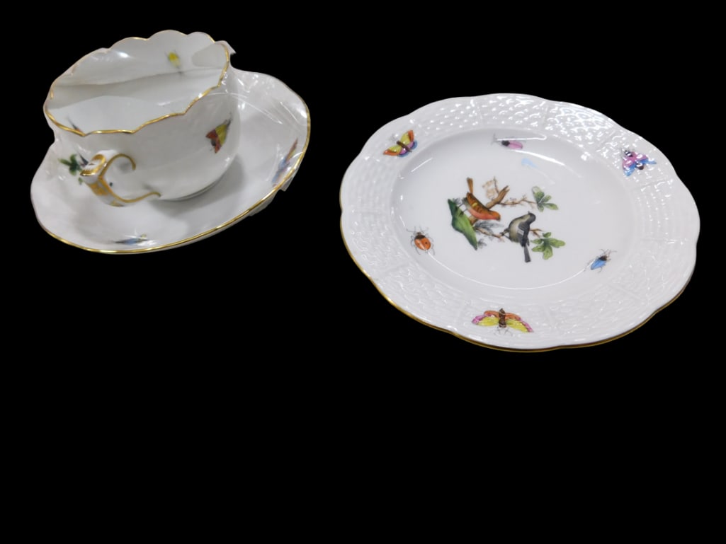 Herend Porcelain in the Rothschild Bird pattern. Including one flat demitasse cup with saucer, shape (1 of 3)