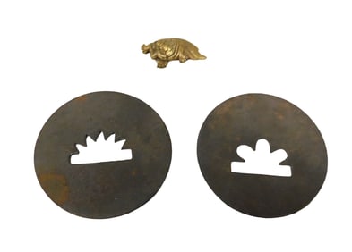 Japanese Sword Elements incl One Gilt Bronze Dragon form Menuki and two metal sword tsuba Menuki