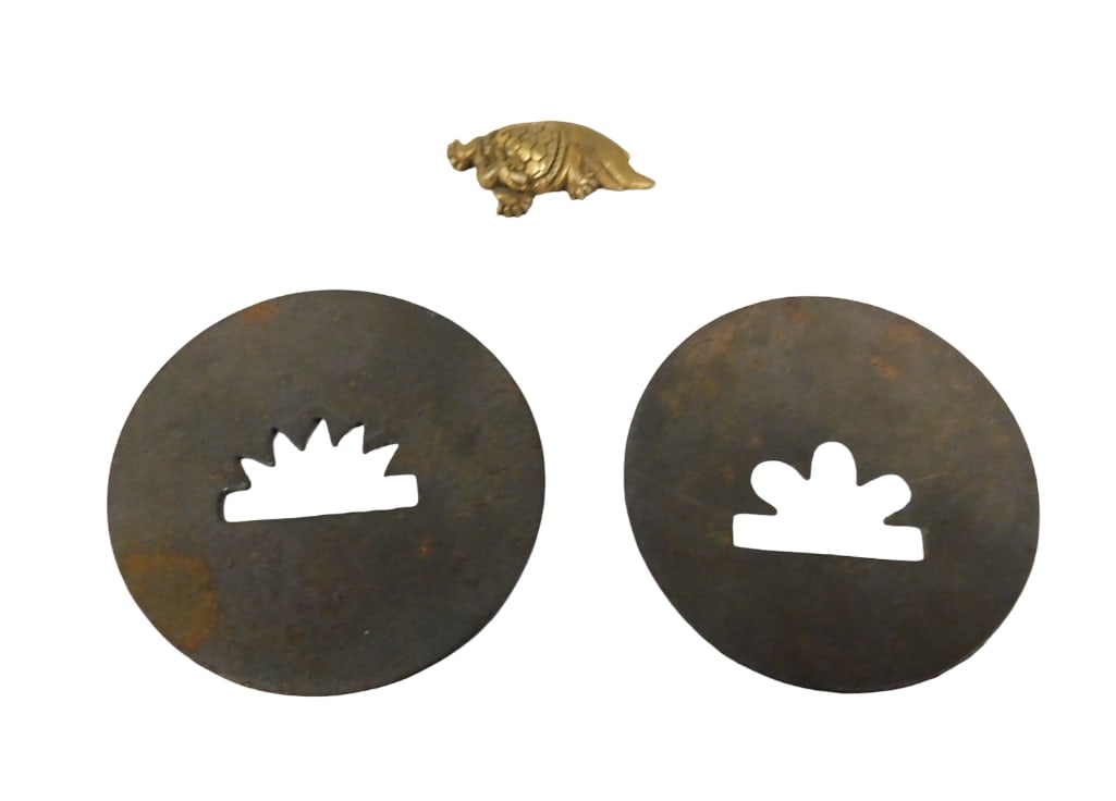 Japanese Sword Elements incl One Gilt Bronze Dragon form Menuki and two metal sword tsuba  Menuki (1 of 3)