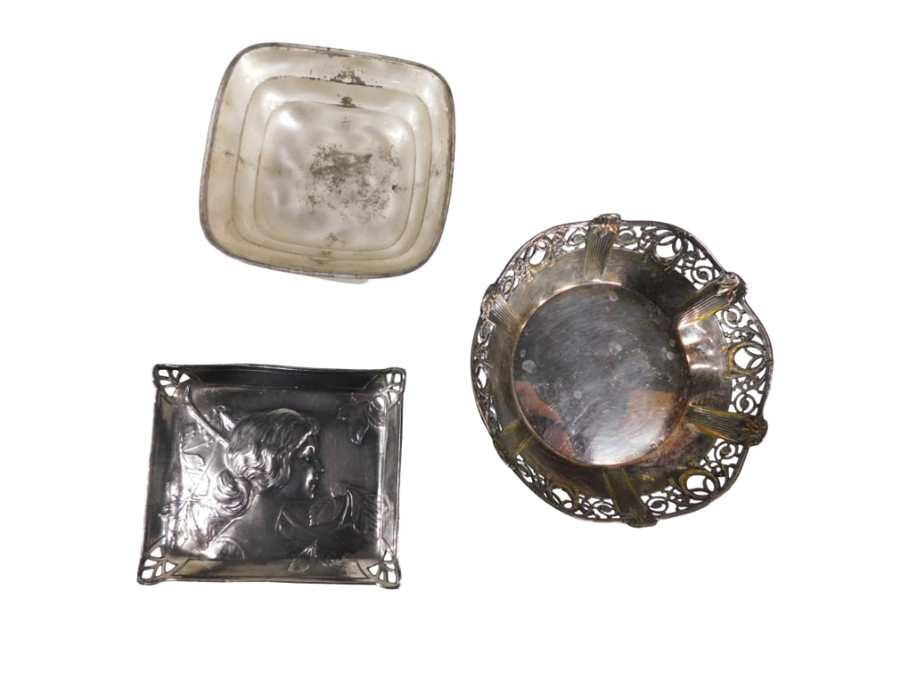 Art Nouveau and Deco Silverplate; One German WMF Filigree Silverplate Wine Coaster, one WMF dish wit: Art Nouveau and Deco silverplate; one German WMF filigree silverplate wine coaster, one WMF dish with rounded corners and Art Nouveau filigree rectangular card tray dish numbered 325 on reverse (4.25&