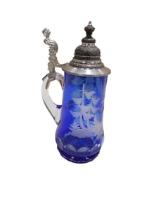 Vintage Cut to Clear Glass Beer Stein with Lid Cobalt Blue Made in Germany