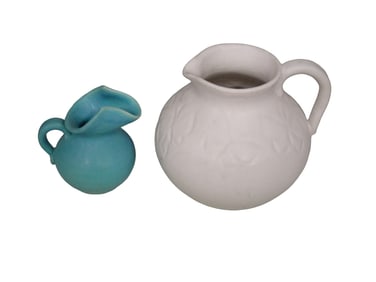 2 Van Briggle Pottery Items incl One White glaze Pitcher Decorated with Continuous Butterflies