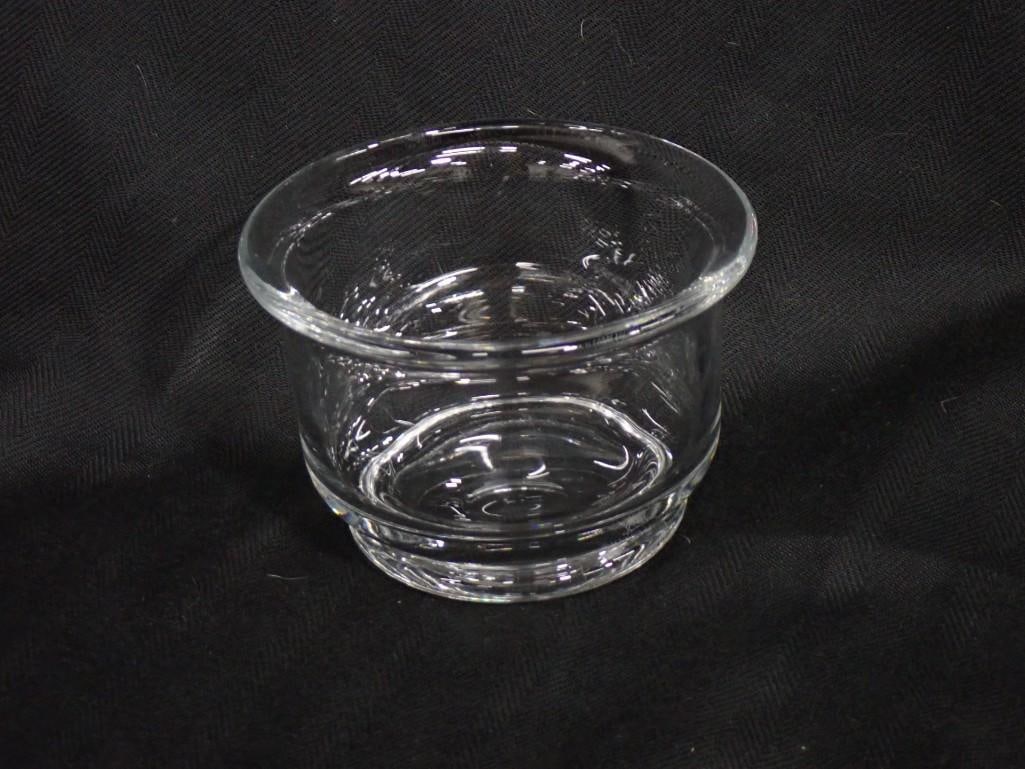 William Yeoward clear crystal footed bowl. Signed on the underside along with dog trademark 3" x 4: William Yeoward clear crystal footed bowl. Signed on the underside along with dog trademark