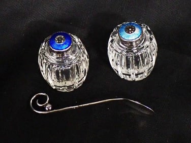 Danish Sterling Silver incl One Pair of Crystal Salt Shakers with Hugo Grun two tone blue guilloche