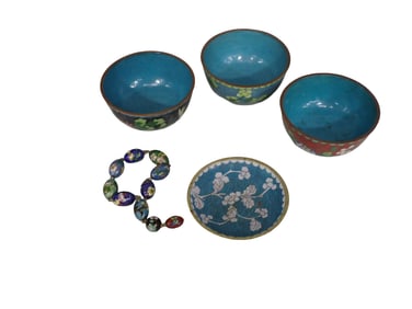 Group of Chinese Cloisonne items; Including a set of three bowls, one round dish and a strand of egg