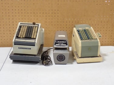 3 Vintage Time Clock and Check Writers including Burroughs, Rapidprint, Hedman - all untested