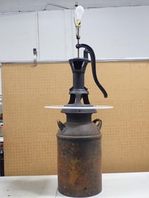 54" Tall Lamp with Milk Can Base, Cast Iron Hand Water Pump above it - roughly 54" tall