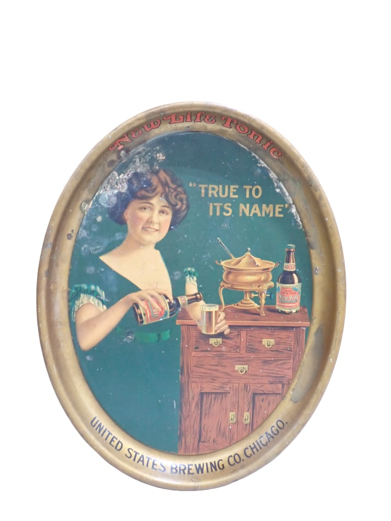 Pre Prohibition New Life Tonic United States Brewing Co Chicago Advertising Tray: Pre Prohibition New Life Tonic United States Brewing Co Chicago Advertising Tray All pictures are considered part of the description and should be examined carefully by bidders. Live Auctioneers is no