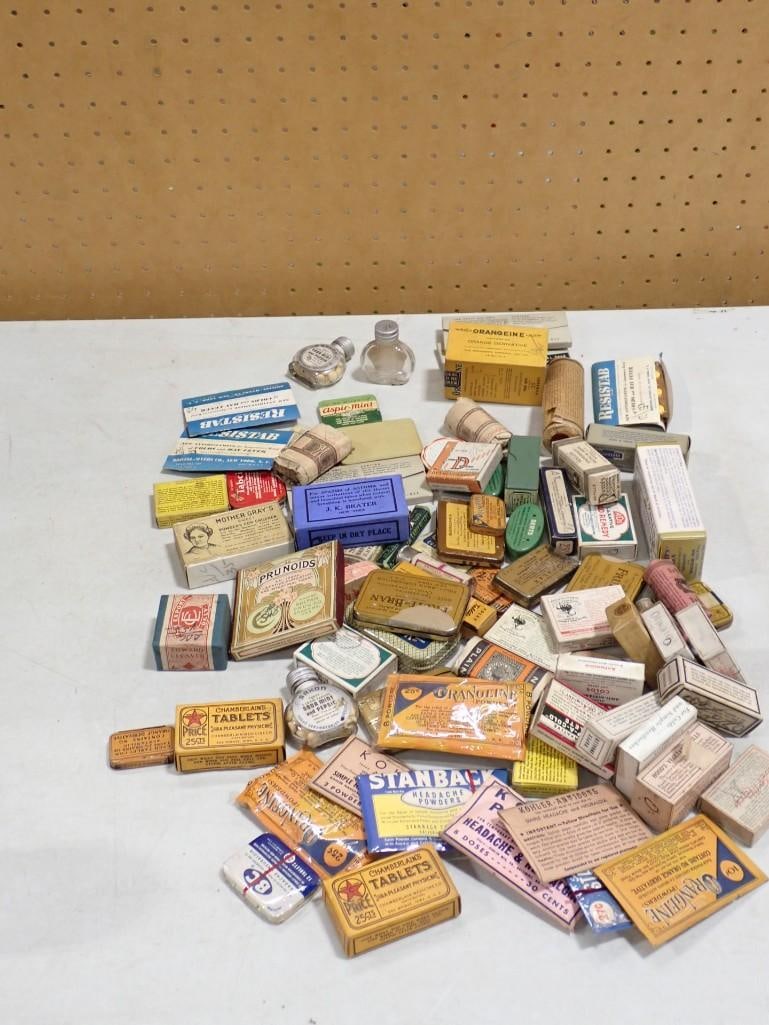Large Lot of Antique Medicine Bottles, Boxes, Tins, etc. Including Headache Powder, Tablets, Prunoid (1 of 9)