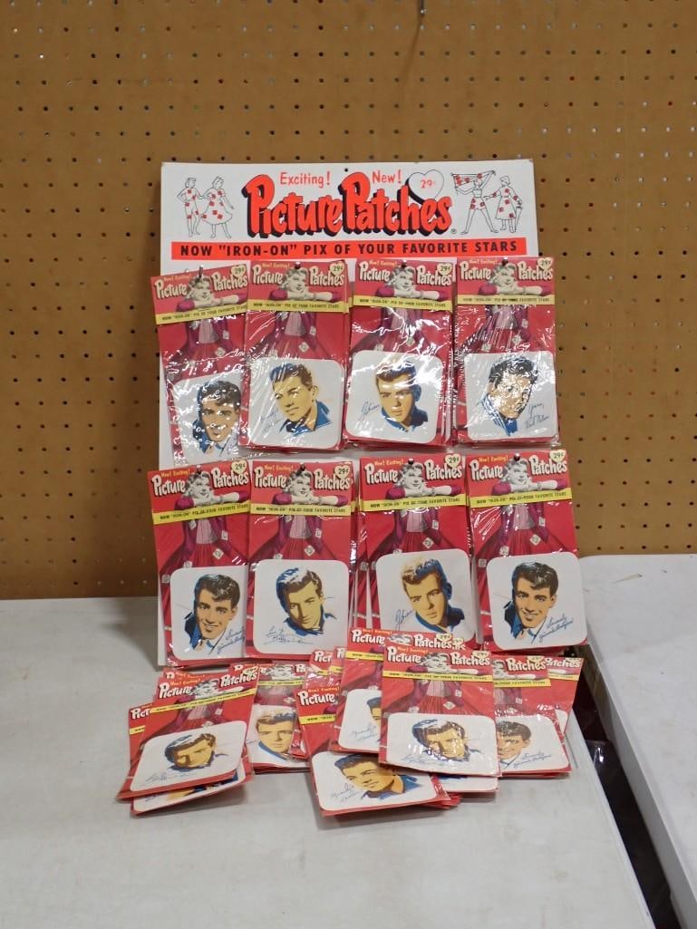 New Old Stock Picture Patches -Iron-On Pix of your favorite Stars with Display: New Old Stock Picture Patches -Iron-On Pix of your favorite Stars with Display - includes many with the hole punches still in tact. Includes Rick Nelson, Fabian, Jimmy Rogers, Bobby Darin, etc. 