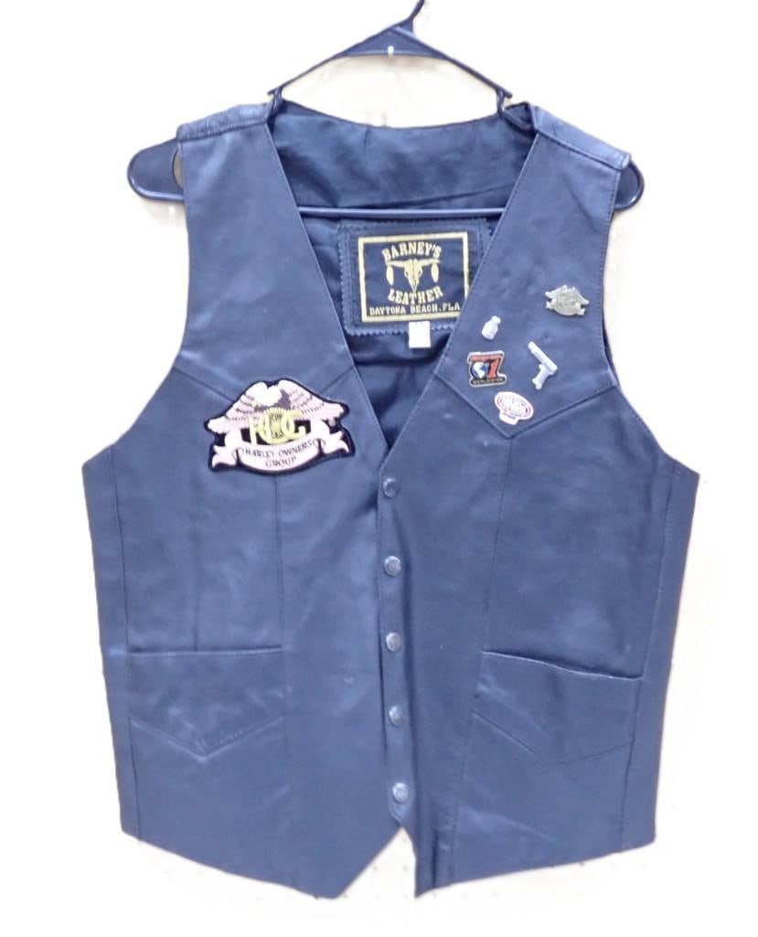 Leather Motorcycle Vest with Harley Davidson Patches, Pins, etc. Barney's Leather Size M (1 of 7)