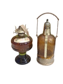 Vintage Amber Glass Lantern and an Amber glass Lantern Liquor Decanter Music Box