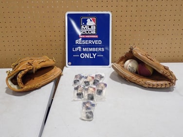 Baseball Lot including Two Mitts / Gloves, MLB Metal Sign, Mini 3 Inch Bobble Heads including Chicag