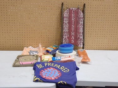 Misc. Lot including Christmas Decor, Be Prepared 3XL Shirt, Halloween Cloth, Fabrics, Lawn Furniture