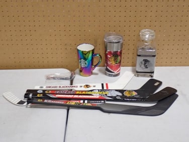 Sports Lot, etc. Including Chicago Black Hawks Mini Hockey Sticks, Decanter, Starbucks Mug, etc.
