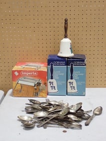 Vintage Lot including Gorham Love's Harmony Bells, Imperia Pasta Maker, Assorted Flatware