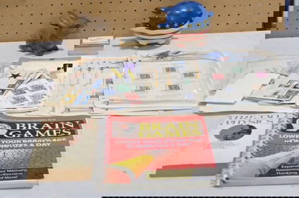 Misc. Lot including Assorted Stamps / stamp Collection, Piggy Bank, Brain Game, The Tao of Physics,