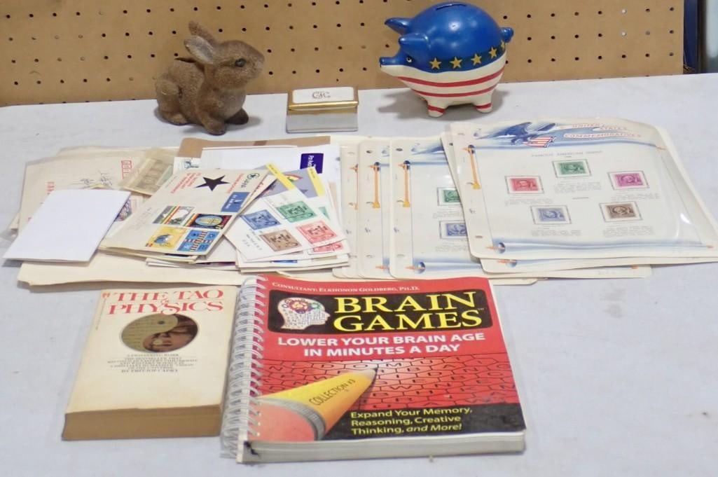 Misc. Lot including Assorted Stamps / stamp Collection, Piggy Bank, Brain Game, The Tao of Physics, (1 of 6)