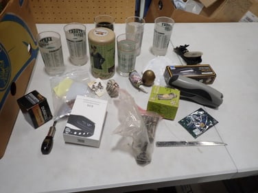 Misc. Lot including 3 Stooges Tin, Churchill Downs Frosted Drinking Glasses, Smart Bracelet, Brass E