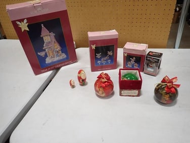 Christmas Lot including Kurt S. Adler Star Dust Lighted House, Heavenly Helper, Nesting Santas, Orna