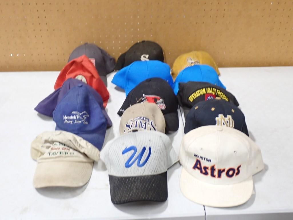 Lot of assorted Baseball Hats including Advertising, Astros, Notre Dame, Slim's Iraqi Freedom, White: Lot of assorted Baseball Hats including Advertising, Astros, Notre Dame, Slim's Iraqi Freedom, White Sox, etc. All pictures are considered part of the description and should be examined carefully 