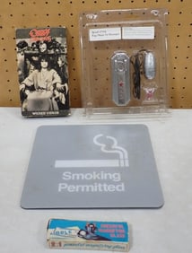 Misc. Lot including Ozzy Osbourne Wicked Videos, Smoking Permitted Sign, Vintage Magnifying Glass,