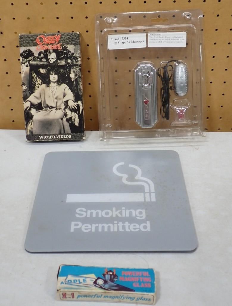 Misc. Lot including Ozzy Osbourne Wicked Videos, Smoking Permitted Sign, Vintage Magnifying Glass, (1 of 6)