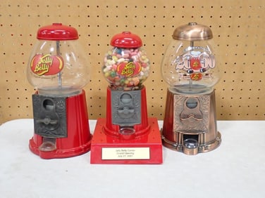 3 Jelly Belly Gumball Machines / Jellybean Dispensers - one has old jellybeans