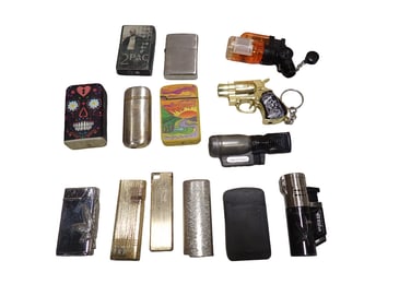 Lot of Vintage Lighters incl Figural Cigarette Lighters, 2 Pac, Vertigo, Sugar Skull, Etc