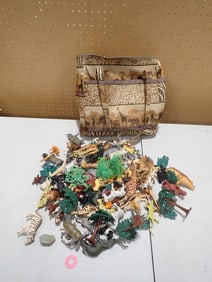 Small Toys incl Plastic Animals, Trees, Jungle Animals, etc and an Animal Print Tote Bag
