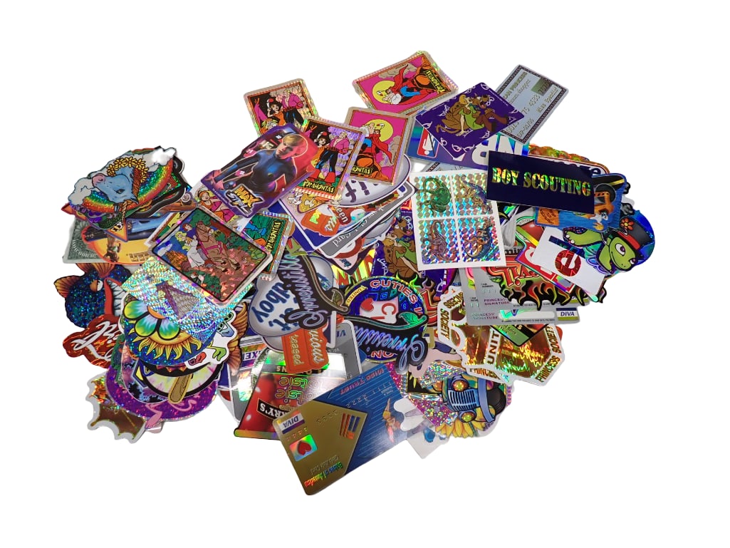 Lot of Stickers incl Iridescent, Unicorn, Etc: Lot of Stickers incl Iridescent, Unicorn, Etc. Probably vending machine stickers. All pictures are considered part of the description and should be examined carefully by bidders. Live Auctioneer