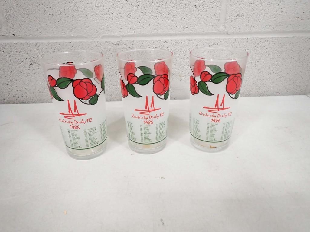 3 Kentucky Derby 112 1986 Drinking Glasses or Tumblers: 3 Kentucky Derby 112 1986 Drinking Glasses or Tumblers All pictures are considered part of the description and should be examined carefully by bidders. Live Auctioneers is now offering Live Shipping t