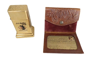JG Braun Company Table Lighter Gold Tone and a Leather Card Holder with a Gold Colored Moose Card
