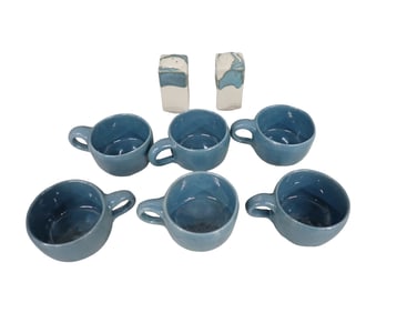 Set of 6 Handmade Studio Pottery Blue Soup Mugs and Salt and Pepper Shakers Artist Signed