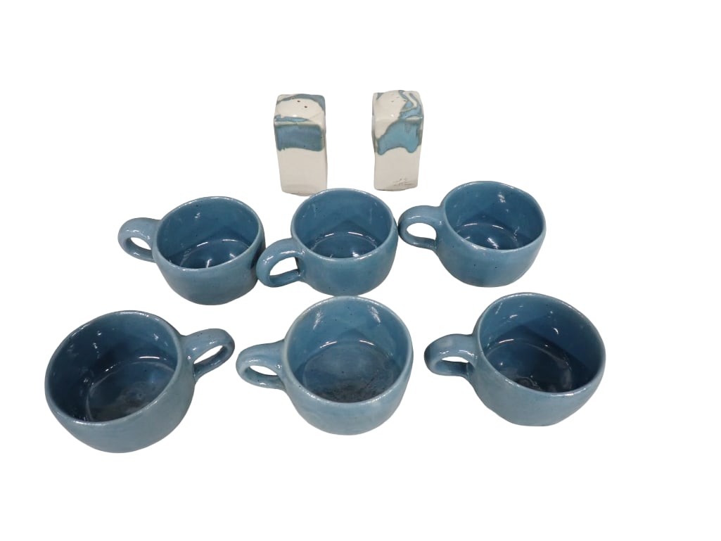 Set of 6 Handmade Studio Pottery Blue Soup Mugs and Salt and Pepper Shakers Artist Signed (1 of 19)
