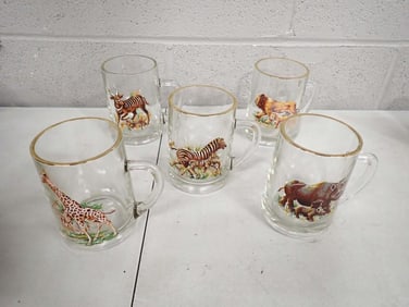 5 Vintage Wildlife Animals Glass Mugs or Cups incl Giraffe, Lion, Zebras, Rhino, etc