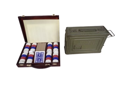 Vintage Military Ammo Box and a Set of Poker Chips in a Case
