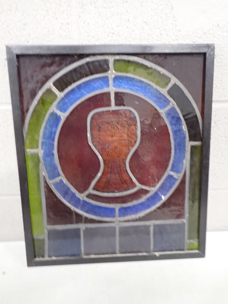 Vintage Stained Glass Framed Window with Wine Cup: Vintage Stained Glass Framed Window with Wine Cup - Measures roughly 16x18" All pictures are considered part of the description and should be examined carefully by bidders. Live Auctioneers is now