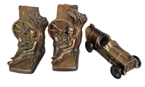 Brass Lot including Book Ends and a Race Car Bank