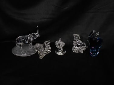 Art Glass Paperweight Lot including Blue and Purple Elephant, Clear Glass Animals