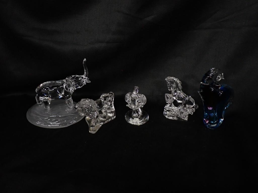 Art Glass Paperweight Lot including Blue and Purple Elephant, Clear Glass Animals: Art Glass Paperweight Lot including Blue and Purple Elephant, Clear Glass Animals, other elephants, Lion, etc All pictures are considered part of the description and should be examined carefully by bi