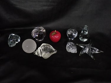 Glass Paperweight Lot including Red Apple, Shells, Frosted Sphere, Pear, Starfish, etc.