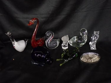 Art Glass Lot including Paperweights, Swans, Cat, Purple Hippo, Green Horse, etc.